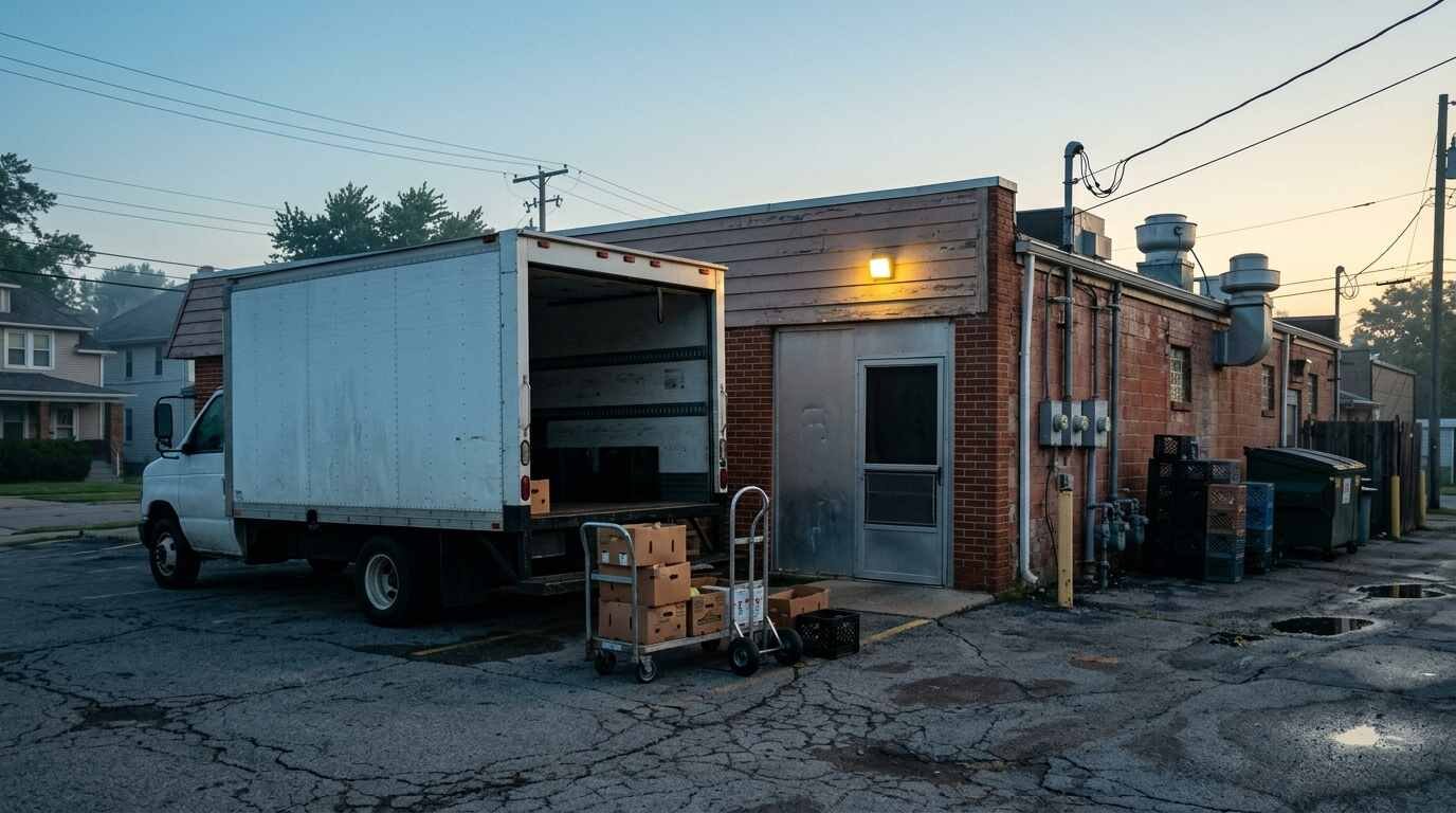 An unmarked white refrigerated delivery truck at the rear loading door of a small neighborhood diner at dawn, with produce cases on a hand truck
