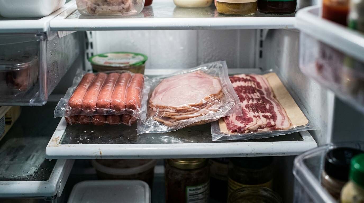 Plain packages of hot dogs, sliced deli meat and bacon on a home refrigerator shelf