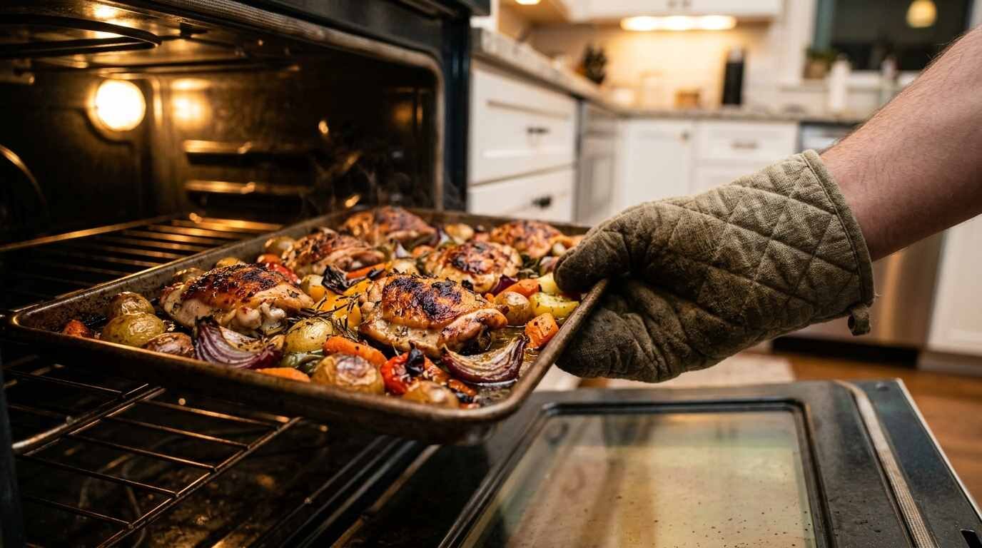 Sheet pan of roasted chicken thighs and vegetables coming out of the oven