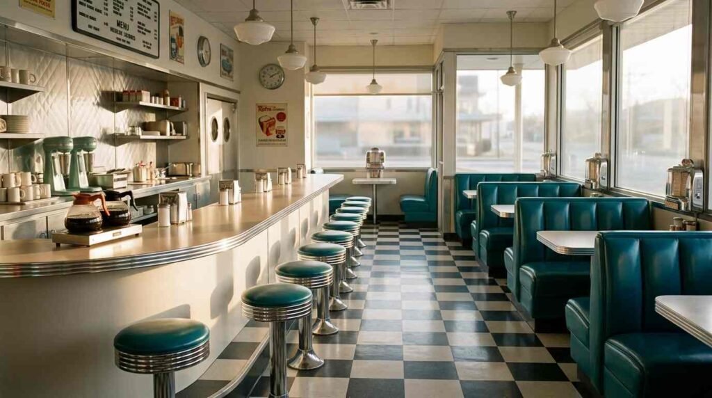 Renovated diner interior with teal booths
