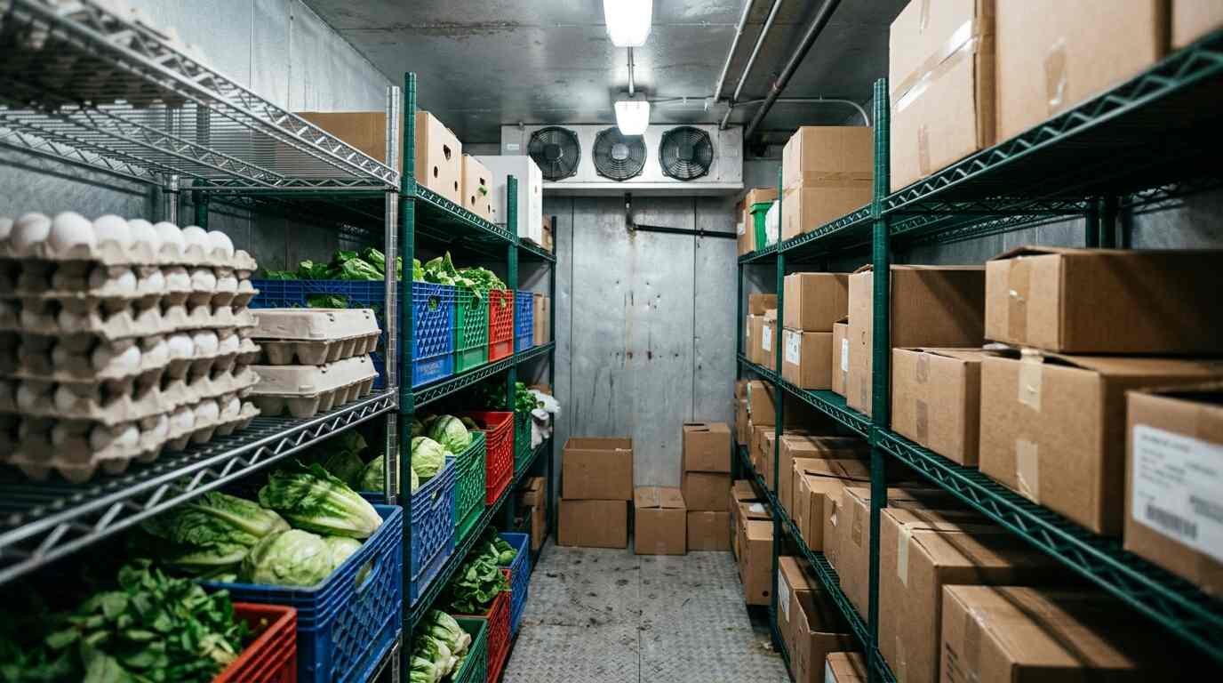 Metal shelving inside a restaurant walk-in cooler holding egg cartons, crates of green vegetables and stacked cardboard cases