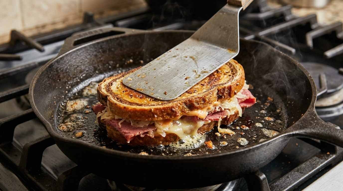 Reuben sandwich frying in a skillet under a spatula