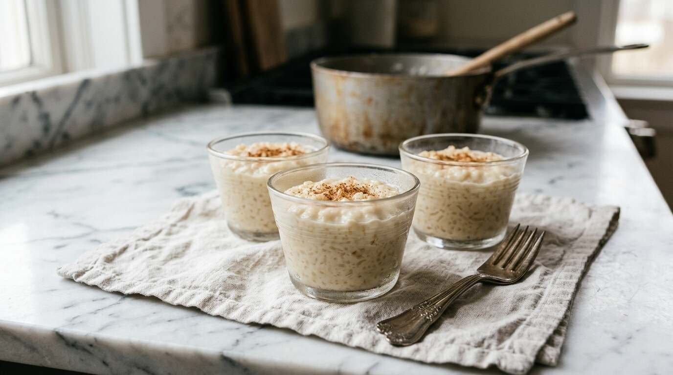Three glass dessert cups of chilled rice pudding with cinnamon