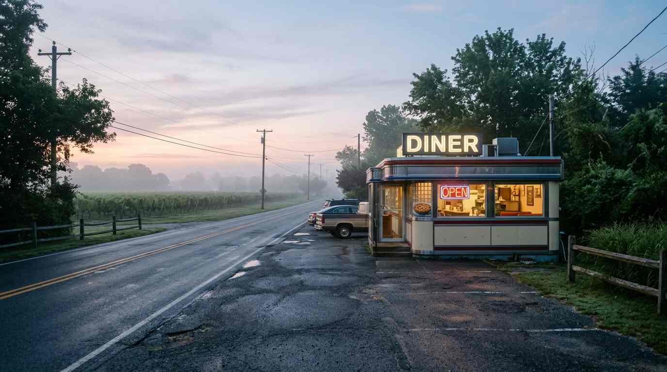 Small roadside diner on a North Fork road at dawn with vineyards behind