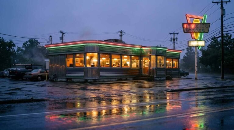 Classic Long Island roadside diner glowing at blue-hour dusk