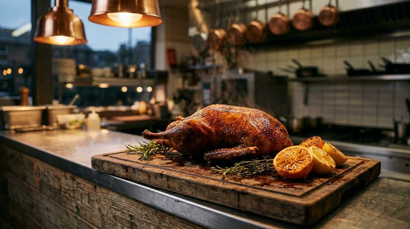 Roasted Long Island duck on a carving board