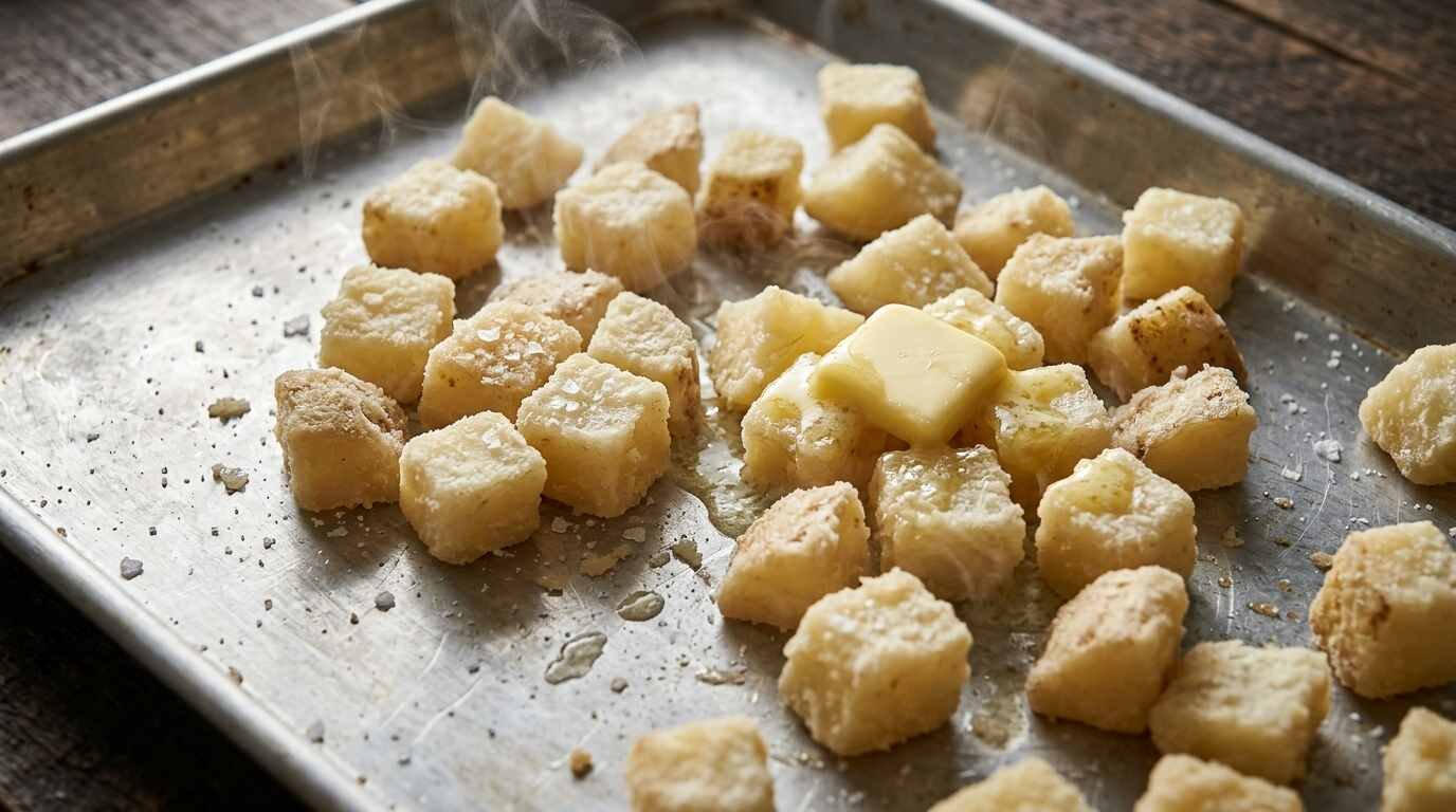 Par-cooked russet potato cubes on a sheet pan with melting butter