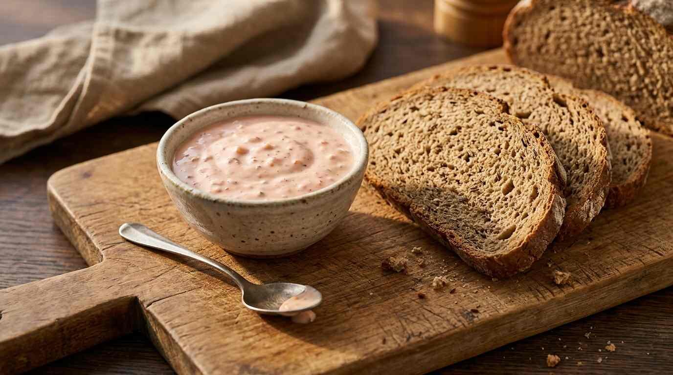 Bowl of Russian dressing beside slices of rye bread
