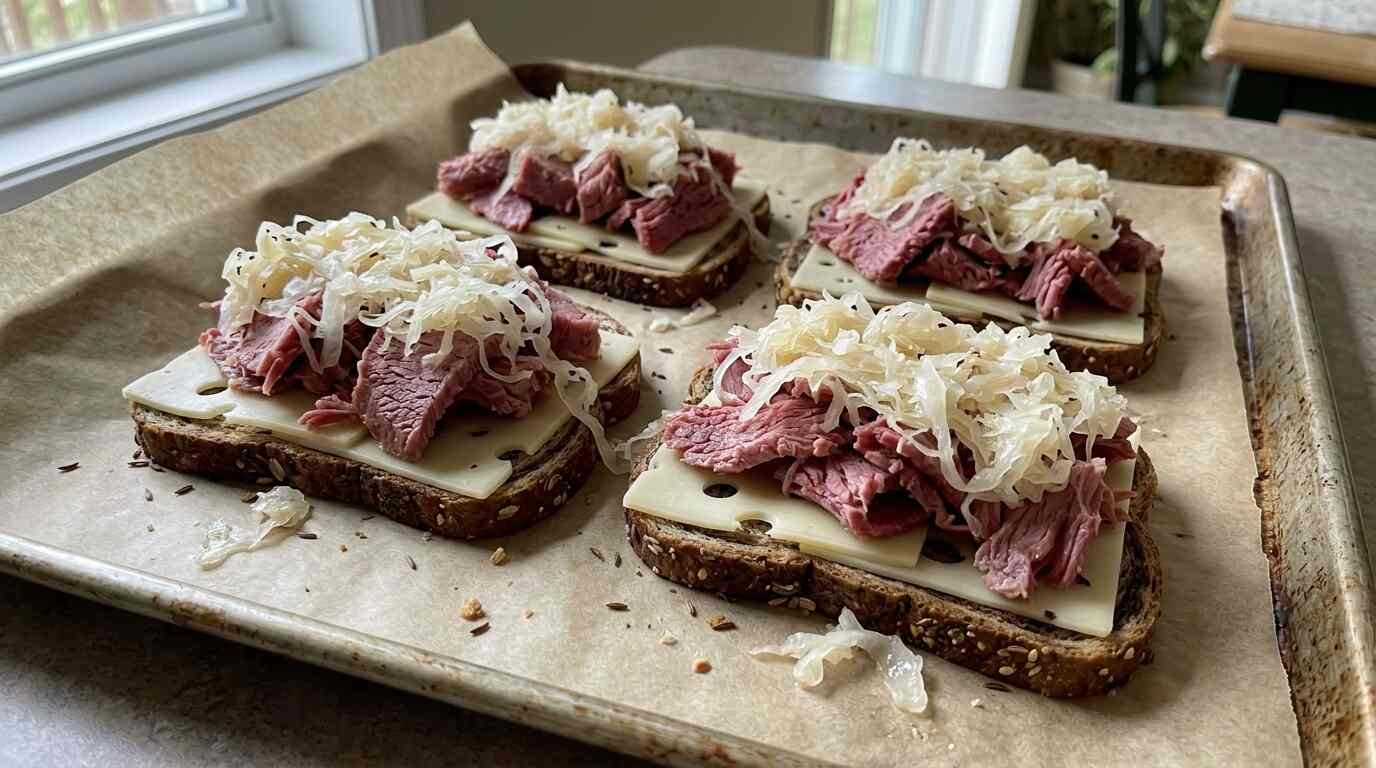 Rye bread layered with Swiss, corned beef and sauerkraut