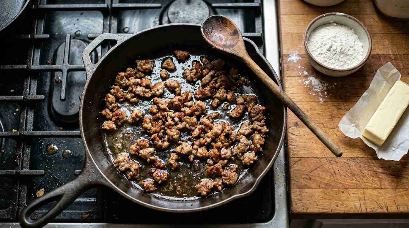 Crumbled pork sausage browning in a cast iron skillet