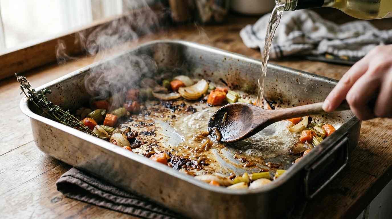 Scraping browned bits from a roasting pan with a wooden spoon