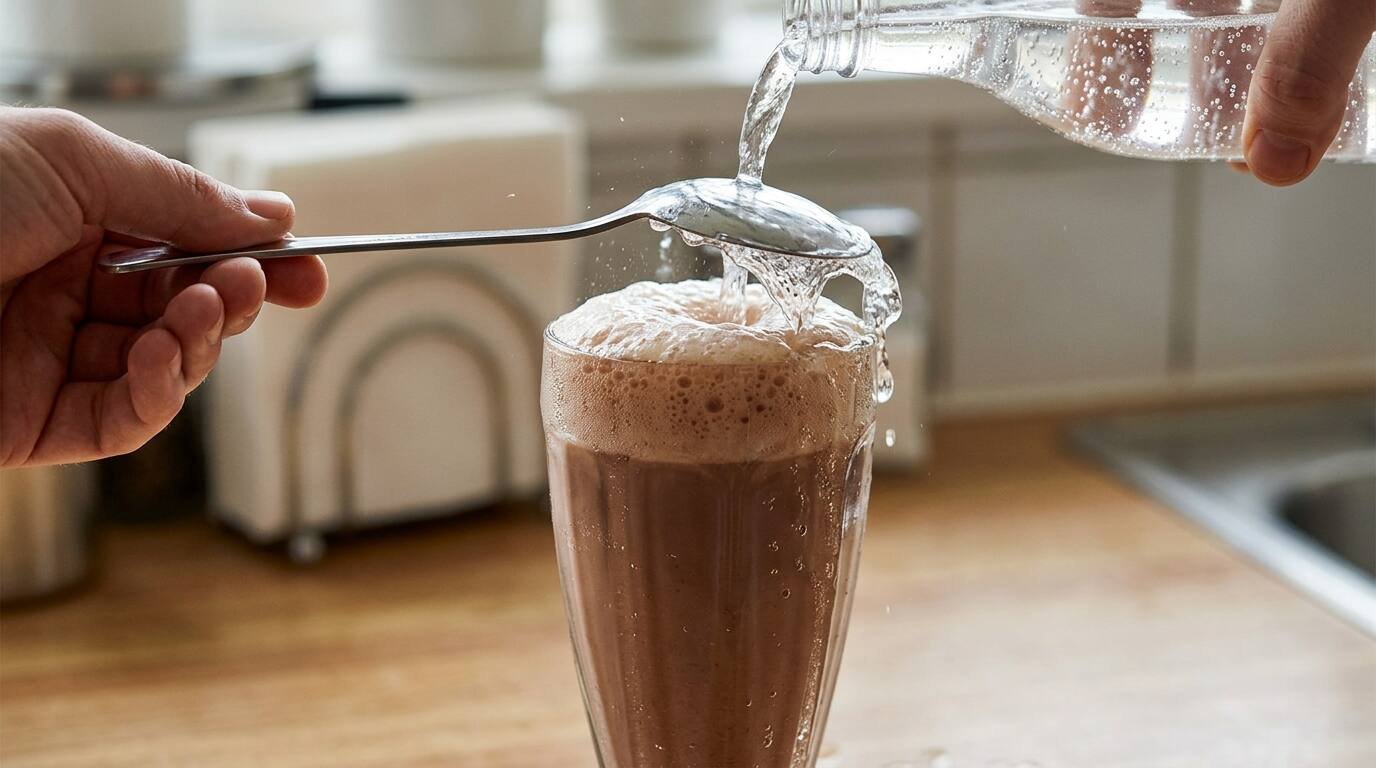 Seltzer poured over the back of a spoon into chocolate milk