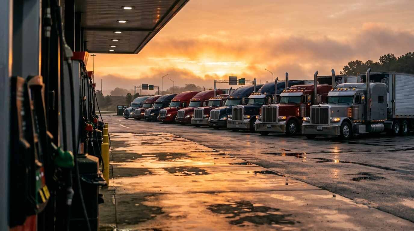 A row of semi trucks parked beside diesel pumps at a highway truck stop at sunrise, with wet pavement reflecting orange light