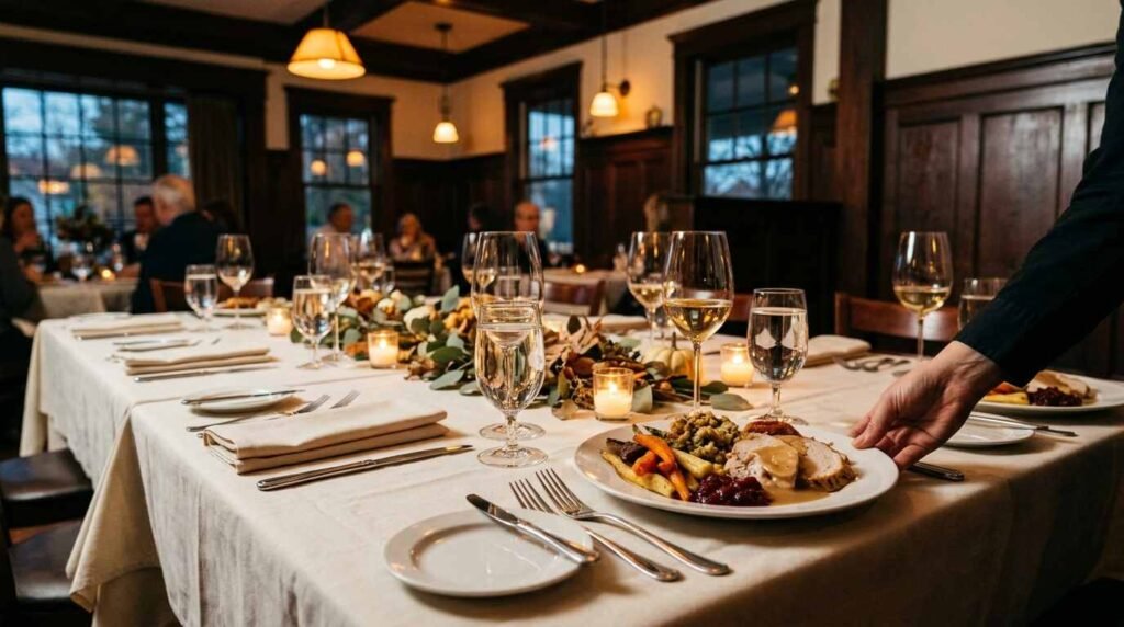 Restaurant table set for a Thanksgiving prix fixe dinner