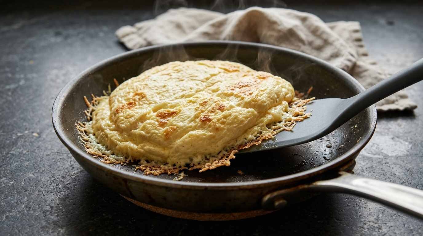 Puffed oven omelet in a skillet with a silicone turner