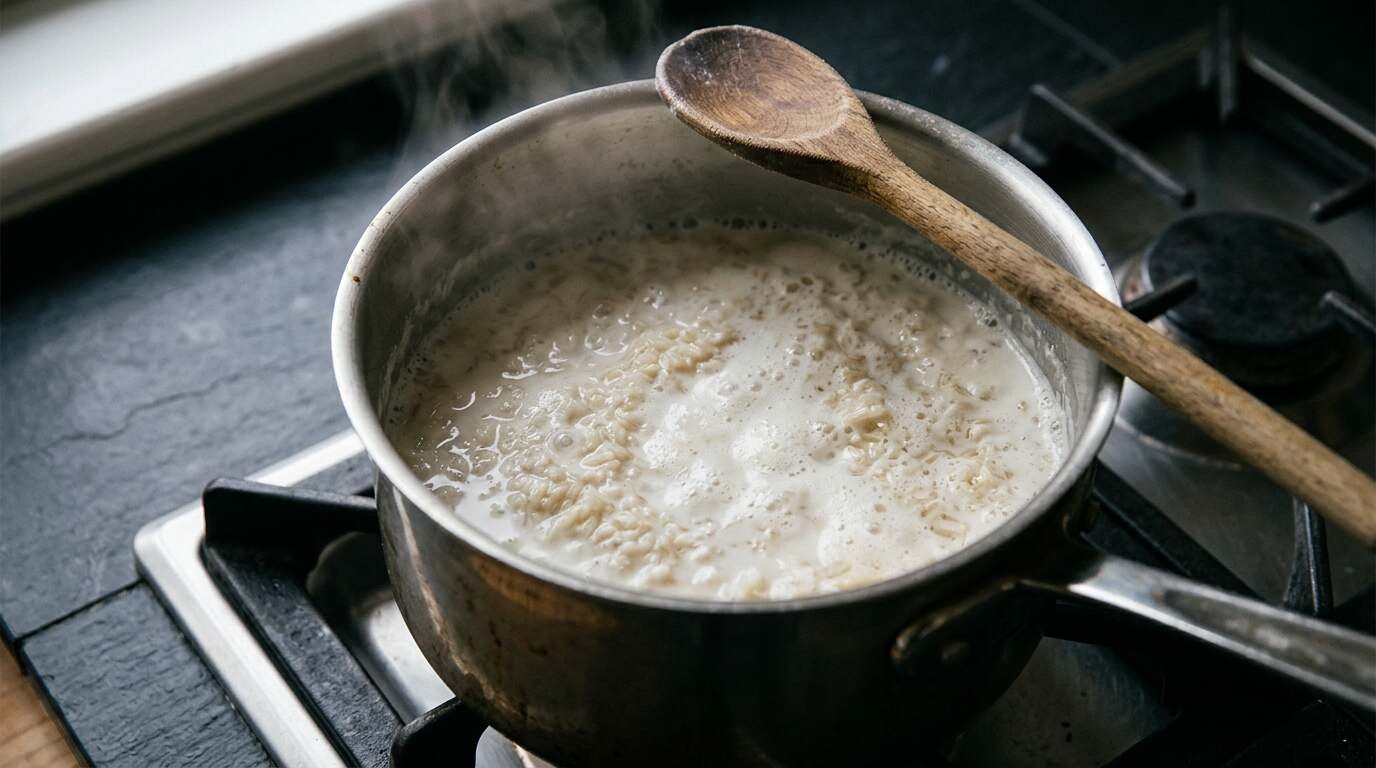 Stainless steel pot of rice and milk simmering on a gas burner