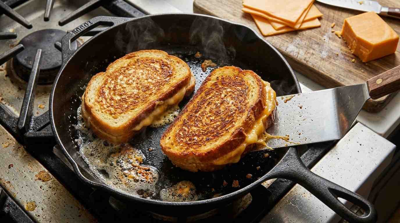 Two grilled cheese sandwiches cooking in a cast iron skillet