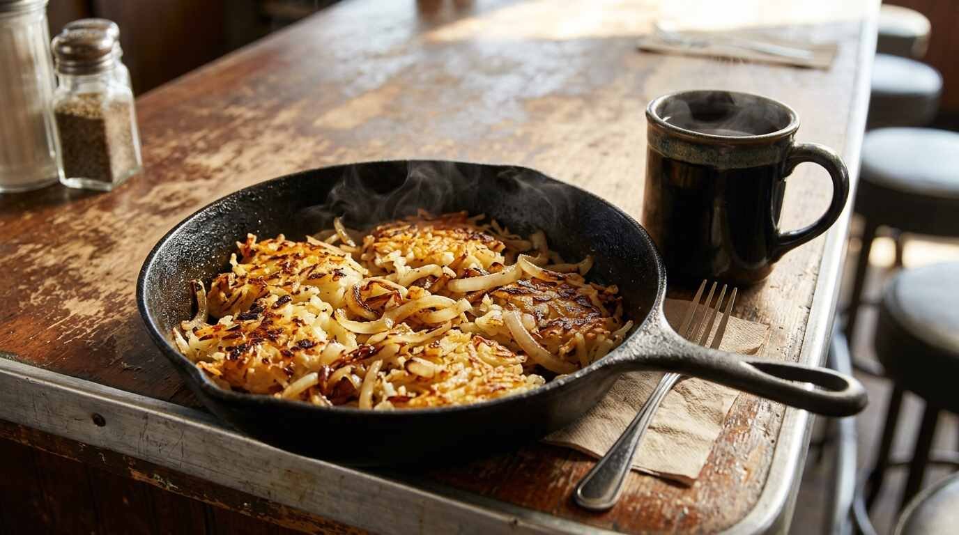 Cast iron skillet of hash browns beside a mug of coffee