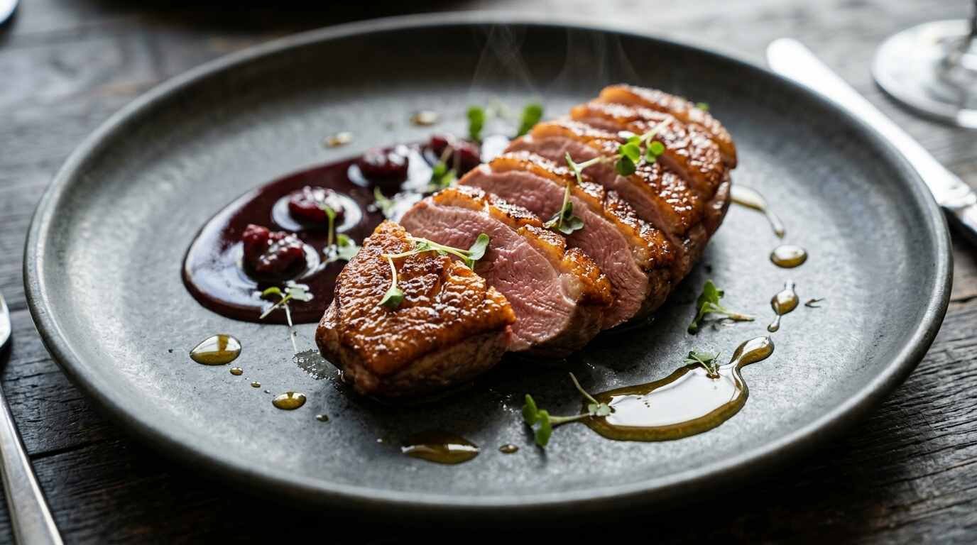 Sliced seared duck breast on a plate, Long Island duck