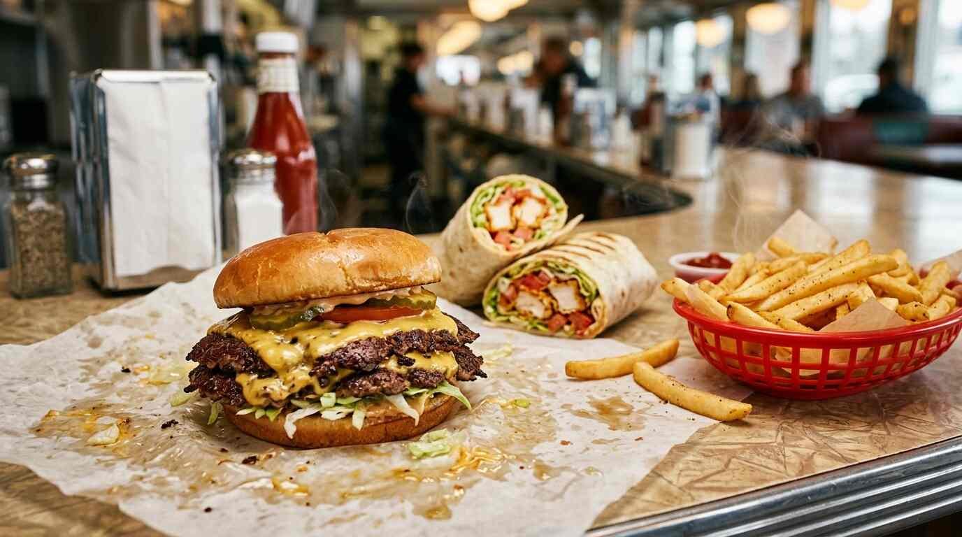 Smash burger with fries and a chicken wrap on a diner counter