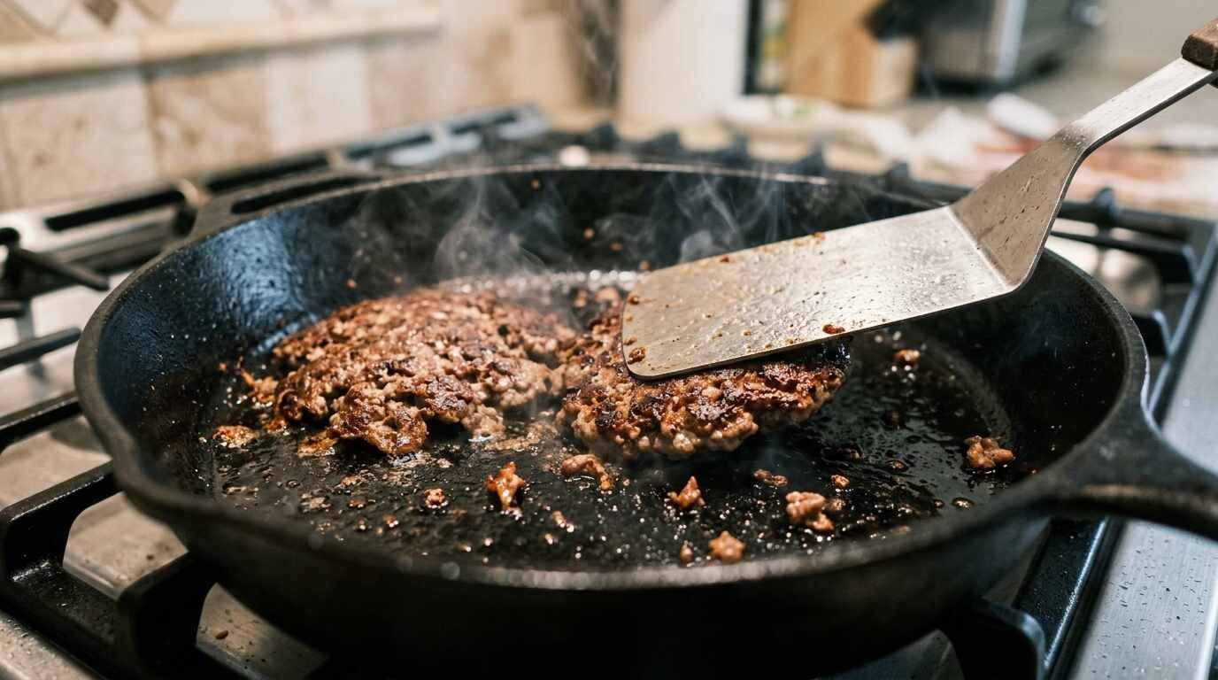 Smash burgers searing in a black cast iron skillet