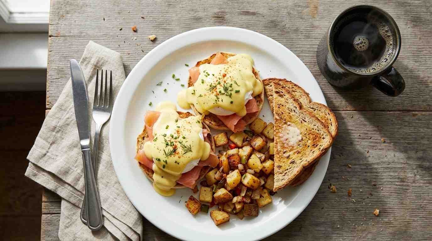 Smoked salmon eggs Benedict with home fries on a diner plate