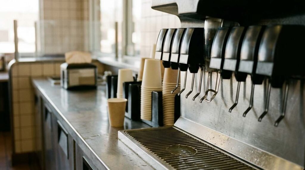 A row of soda fountain dispenser nozzles and stacked paper cups on a stainless steel restaurant counter in morning light