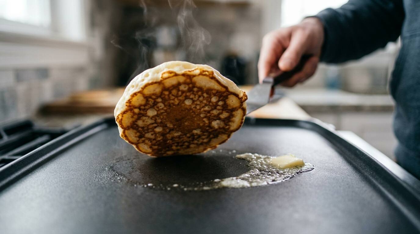 Pancake being flipped with a spatula on a wide flat griddle