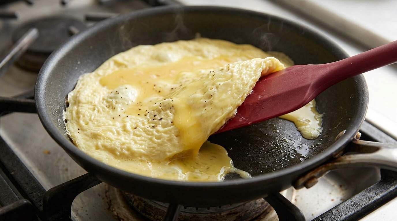 Spatula lifting the edge of a nearly set omelet in a skillet