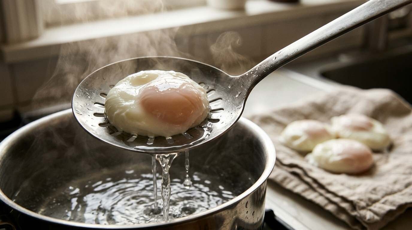 Slotted spoon lifting a poached egg from the pot