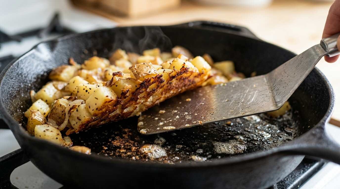 Stainless turner lifting a golden crust of home fries from a cast iron skillet