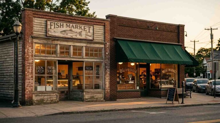 Main Street in Setauket at golden hour with a fish market and a butcher shop side by side