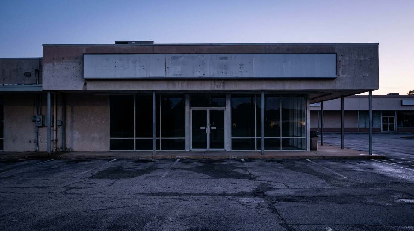 A closed suburban strip-mall storefront with dark windows at dawn