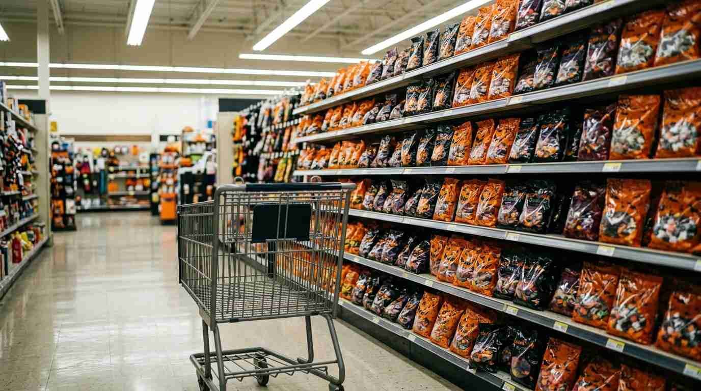 Supermarket seasonal aisle with shelves of orange and black candy bags and an empty shopping cart