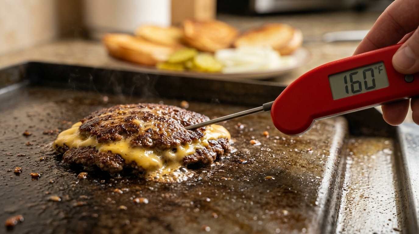 Thermometer reading 160 degrees in a cheeseburger patty