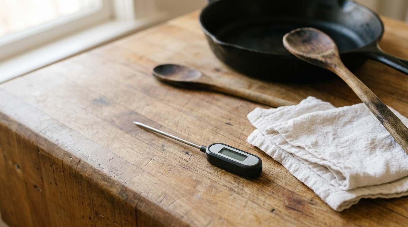 Digital thermometer on a butcher-block counter beside a cast iron skillet