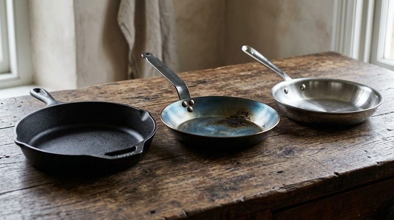 One Skillet Per Job: Where Carbon Steel, Cast Iron, and Stainless Each Win