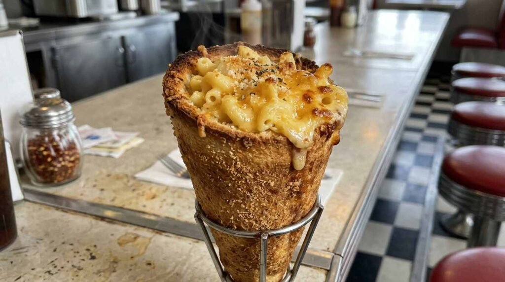 Toasted bread cone filled with baked mac and cheese on a diner counter