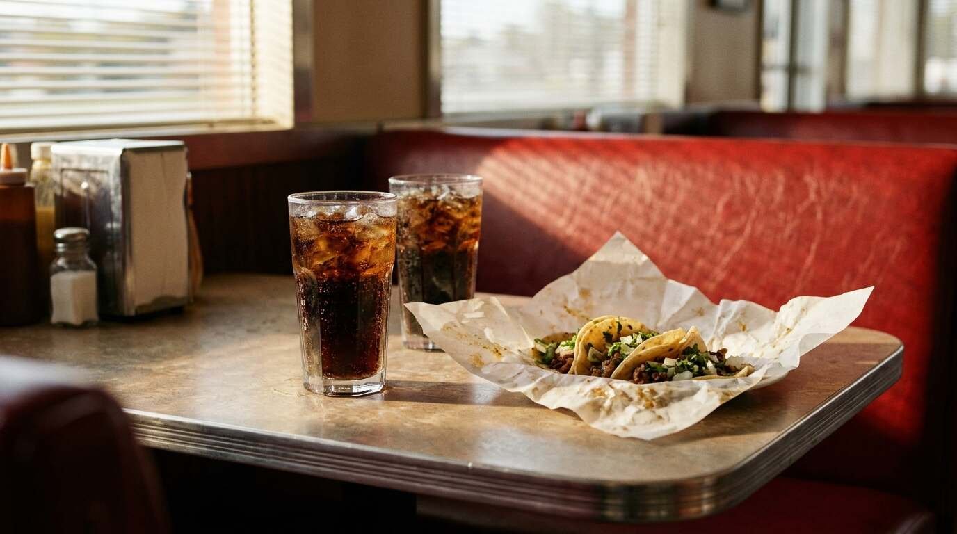 Two tall glasses of cola with ice beside paper-wrapped tacos on a diner booth table by a window