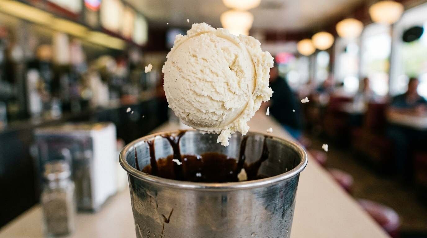 Scoop of vanilla ice cream dropping into a steel mixing cup