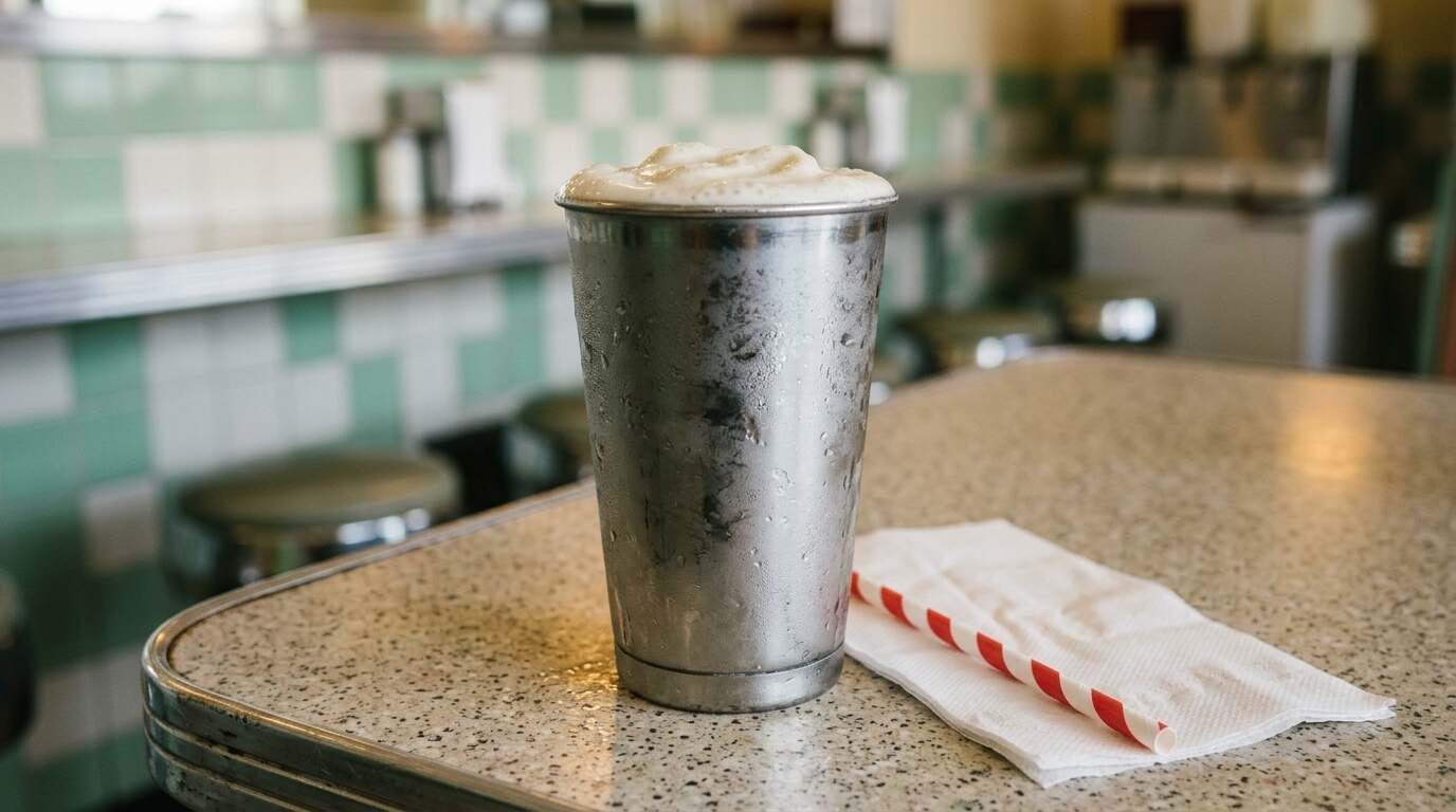 Stainless steel cup of vanilla milkshake on a diner counter