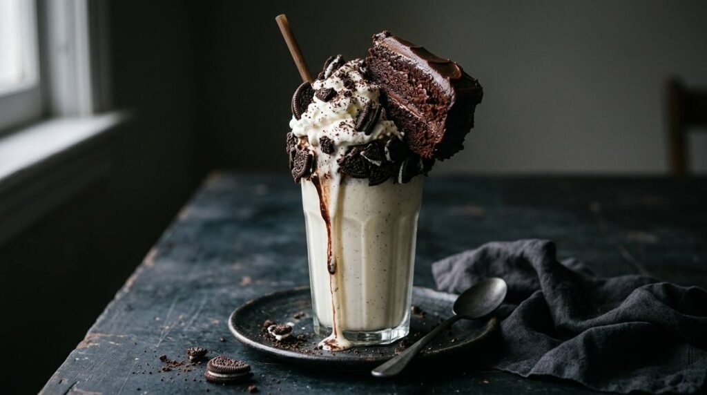 Vanilla milkshake topped with crushed cookies and a wedge of chocolate cake