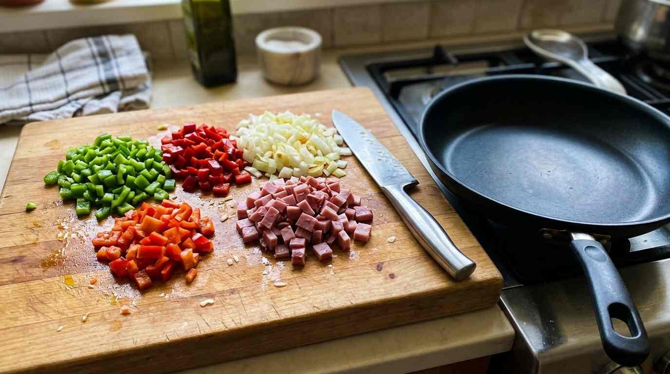 Diced peppers, onion and ham on a cutting board beside a non-stick skillet