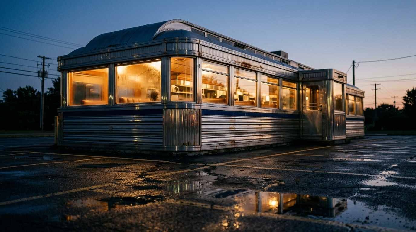 Vintage railcar-style diner exterior at twilight