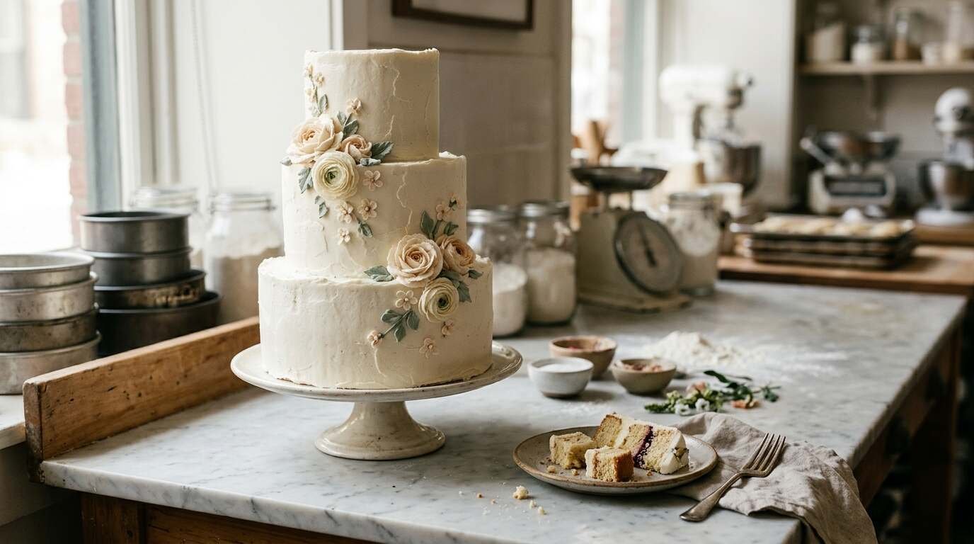Three-tier white wedding cake with buttercream florals on a bakery counter
