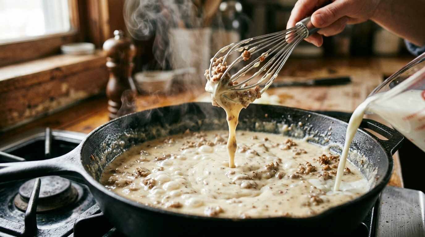 Milk being whisked into a roux for sausage gravy