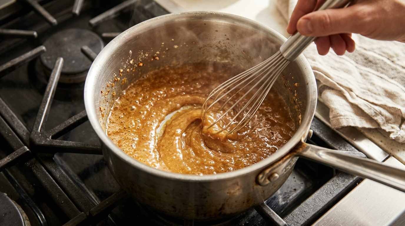 Whisking a golden roux in a stainless-steel saucepan