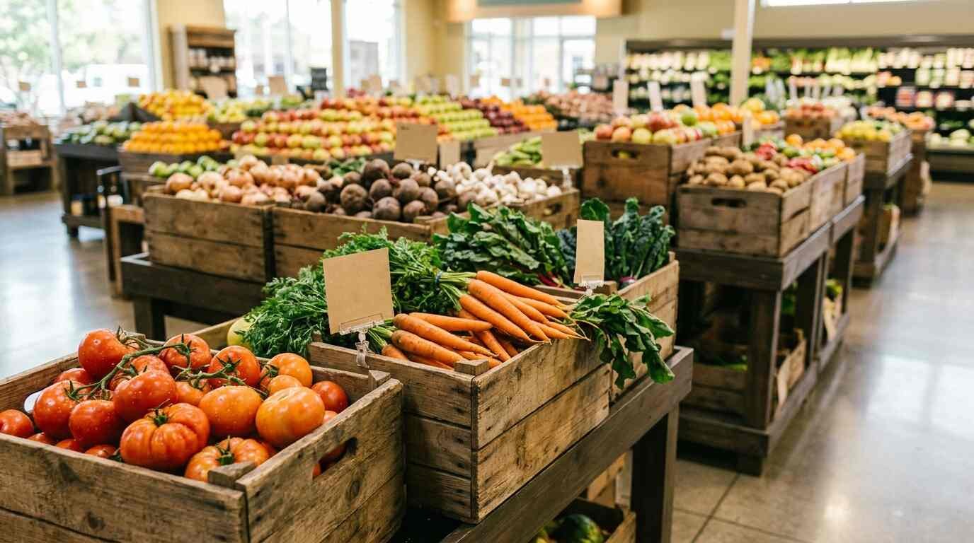 Wooden crates of fresh vegetables and fruit in a grocery store produce aisle
