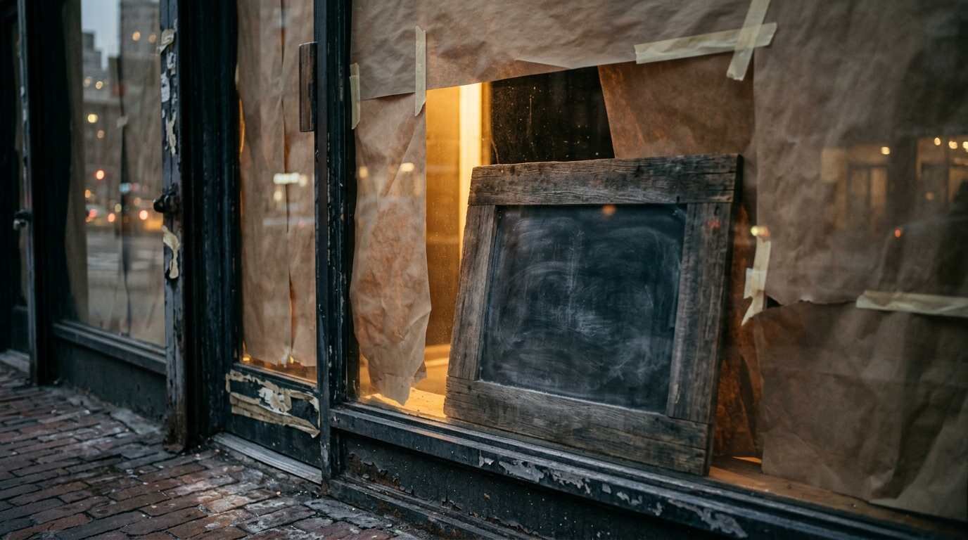 Hand-lettered coming-soon board in a Manhattan storefront window at dusk