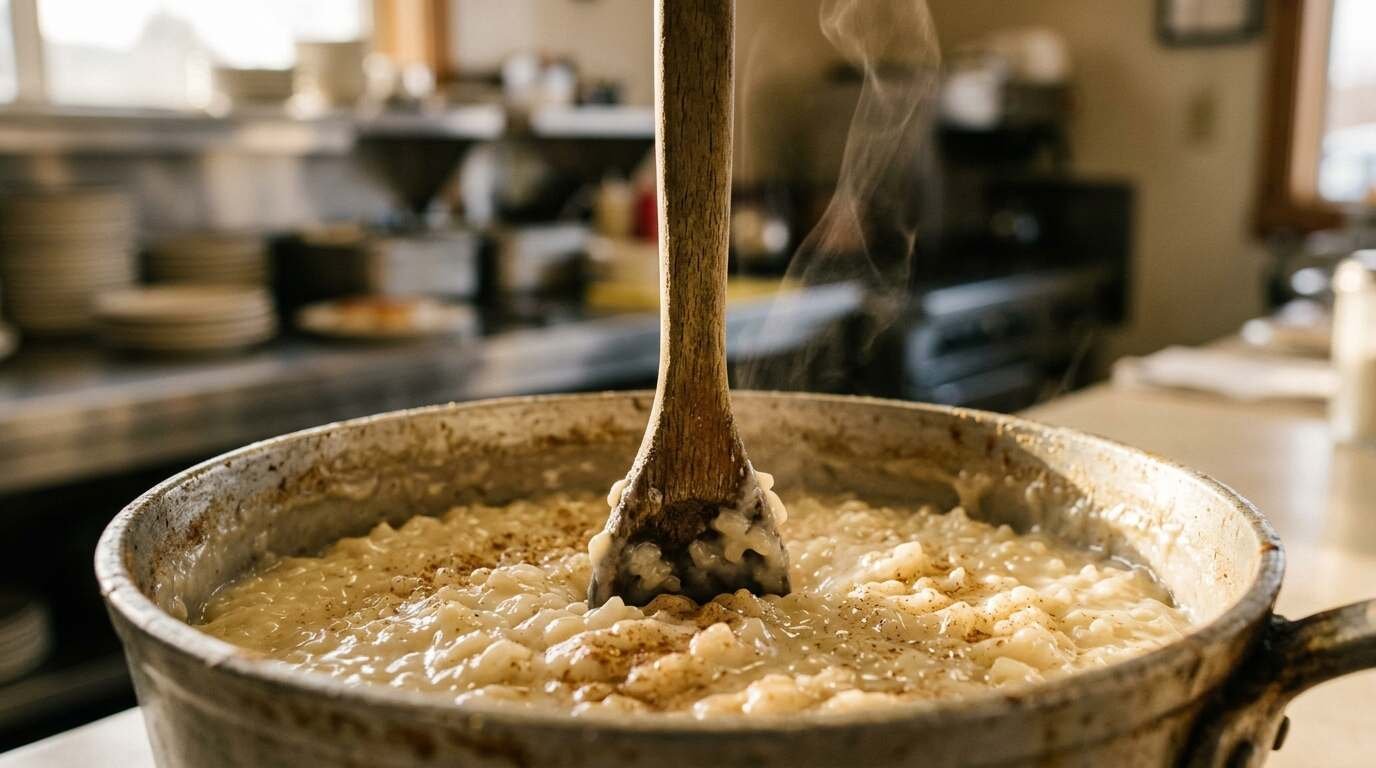 Wooden spoon standing upright in thick rice pudding